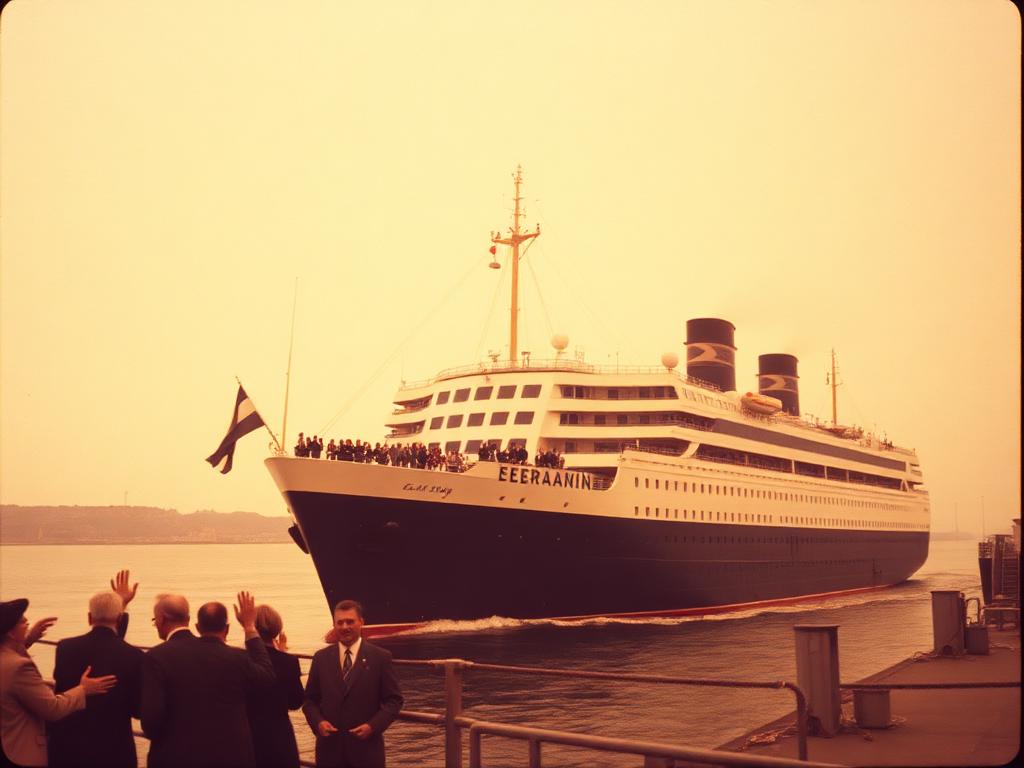 Buque transatlántico zarpando de un puerto en 1960