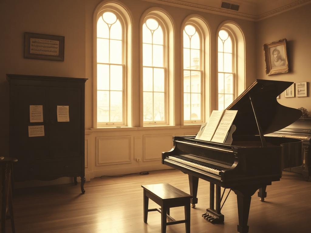 Piano de cola en una sala de conservatorio de los años cincuenta